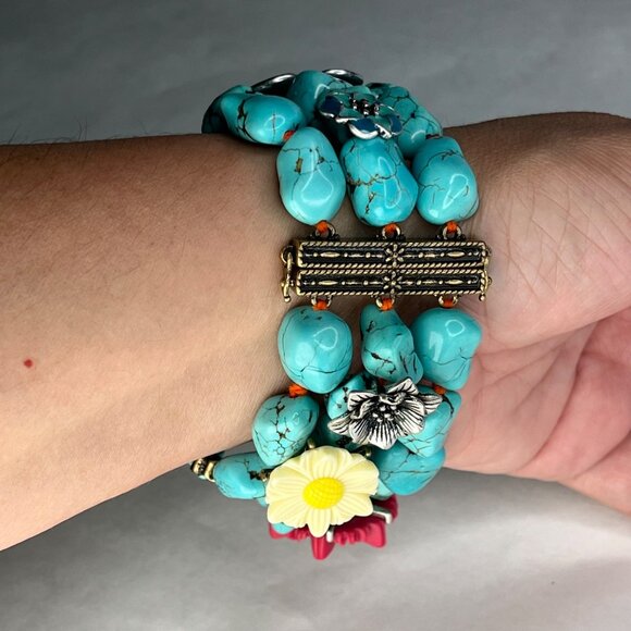 Lucky brand Turquoise Stone Chunky Bracelet With Bee & Flower Accents boho - Picture 8 of 8